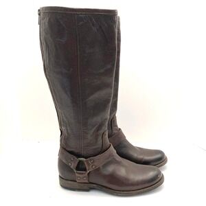 Frye Phillip Harness Brown Tall Back Zip Leather Boots Womens 7B Wide Calf